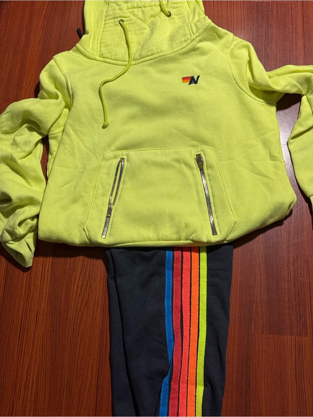Aviator Nation Neon Yellow Hoodie with Black Joggers and Rainbow Stripe